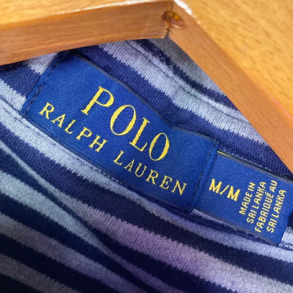 Polo Ralph Lauren Mens Polo Shirt Medium Blue Gray Striped Cotton Classic Casual